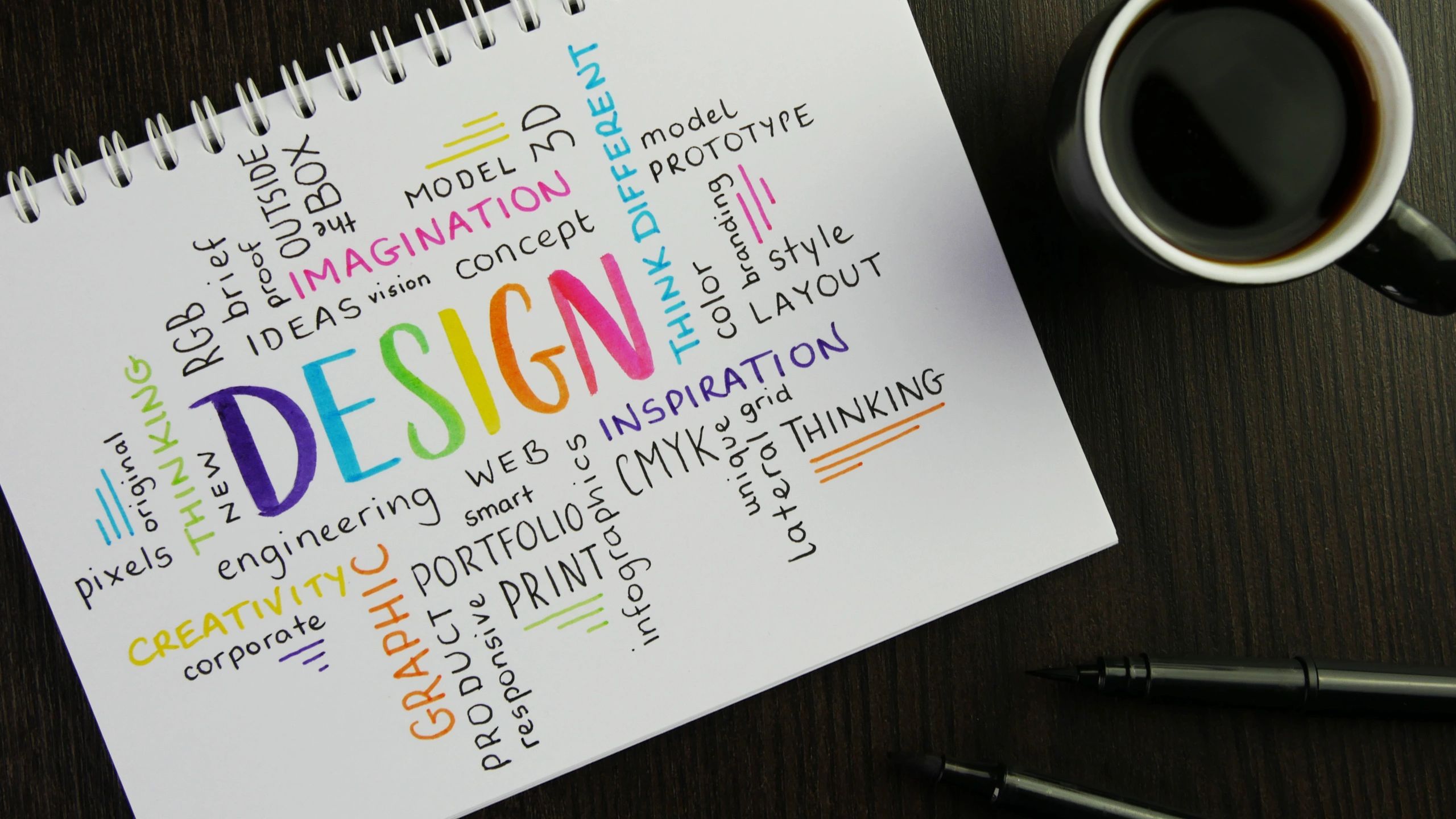 DESIGN and related terms handwritten in notebook with